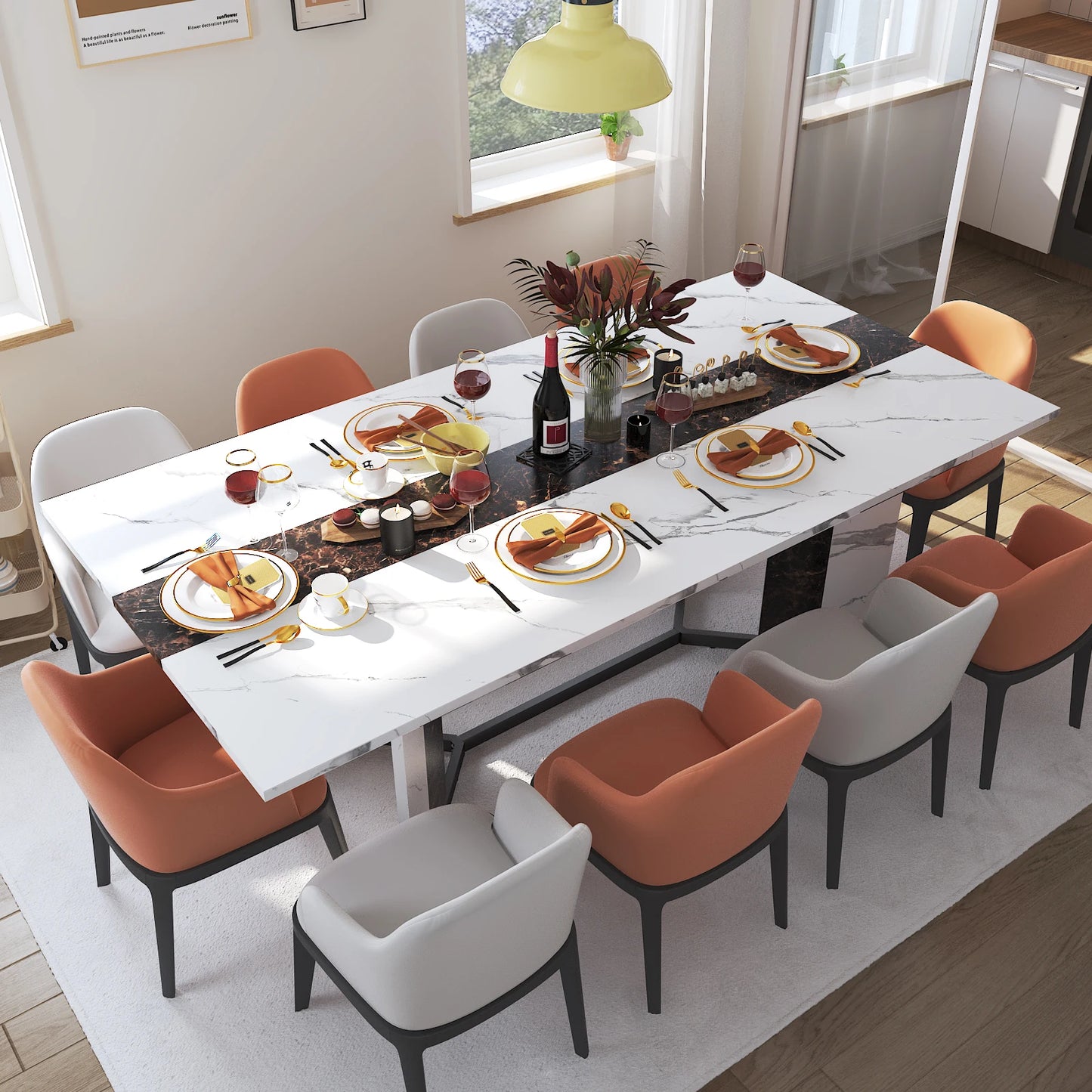 Large Rectangular White Dining Table for 4 to 10 People Modern Style