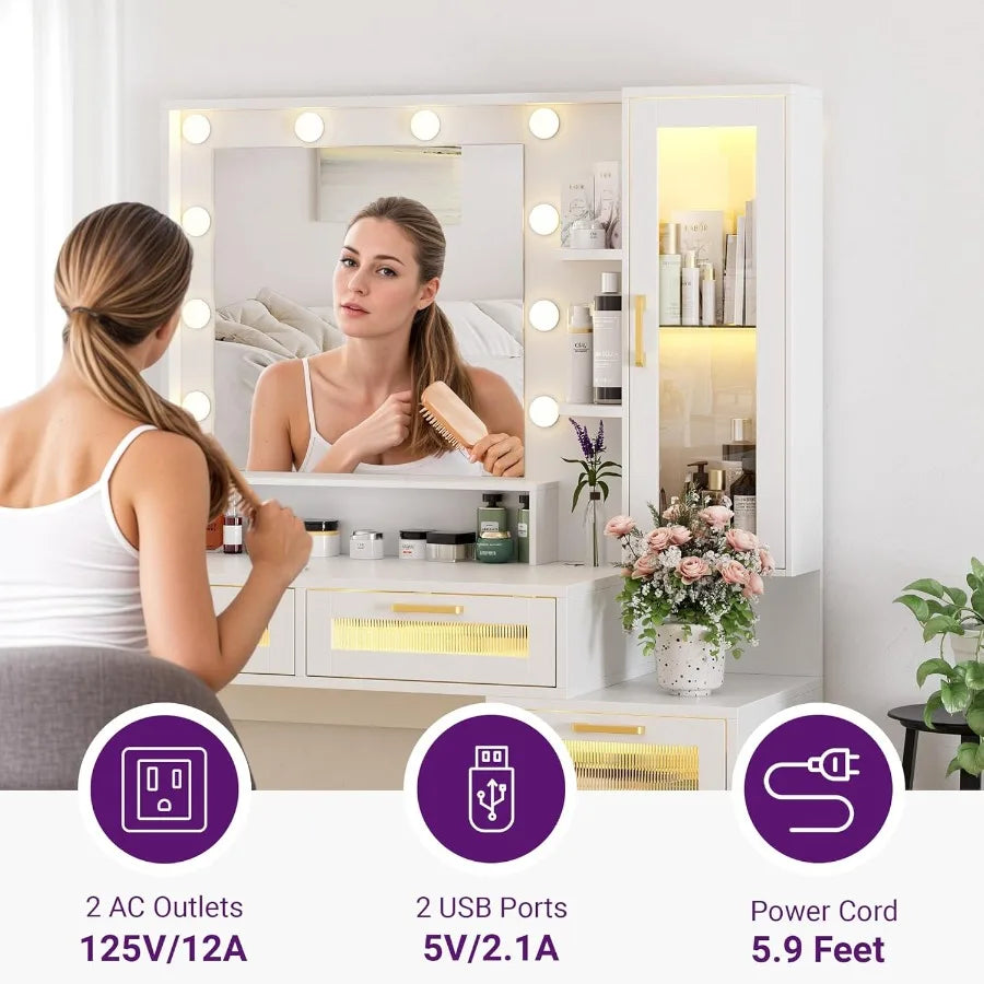 Women Vanity Desk with Mirror and Lights Makeup Table 5 Drawers 40 Inch