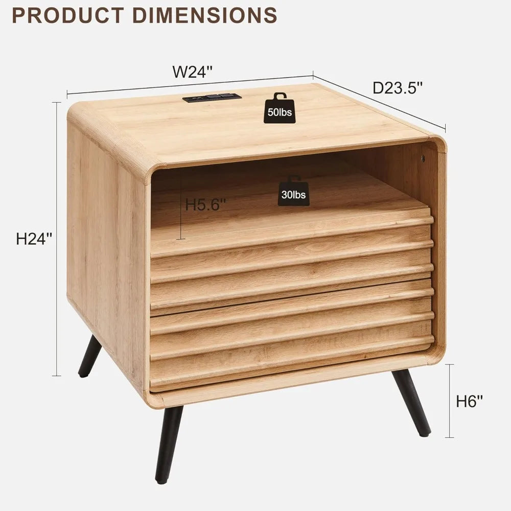 24 Inch Nightstand with Charger Mid Century Modern Fluted Side Table