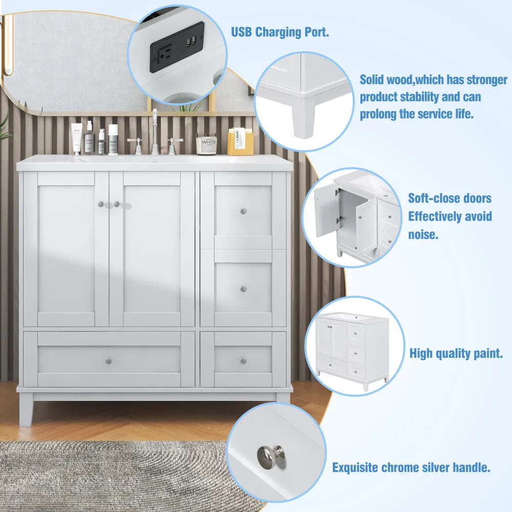 36 Inch Modern Bathroom Vanity with USB Charging and Ample Storage