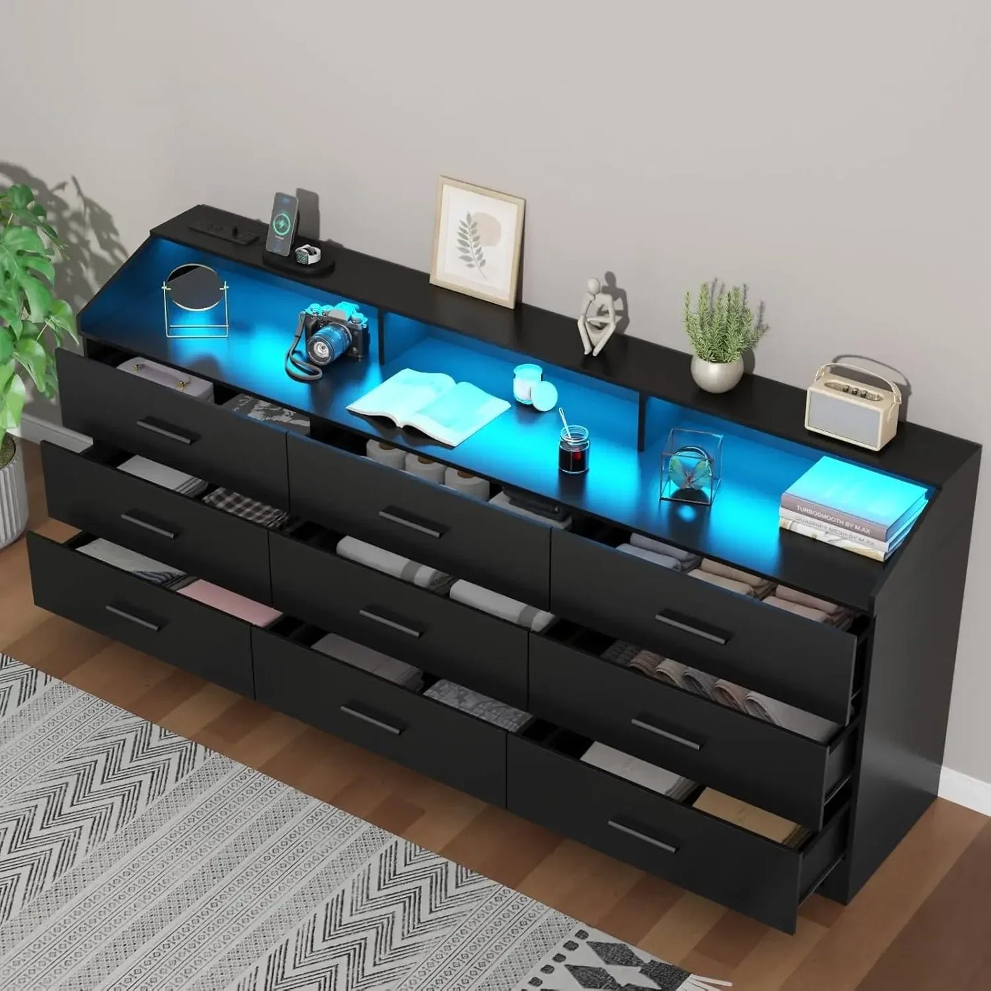Modern Dresser with Power Outlet LED Light Open Storage Organizer
