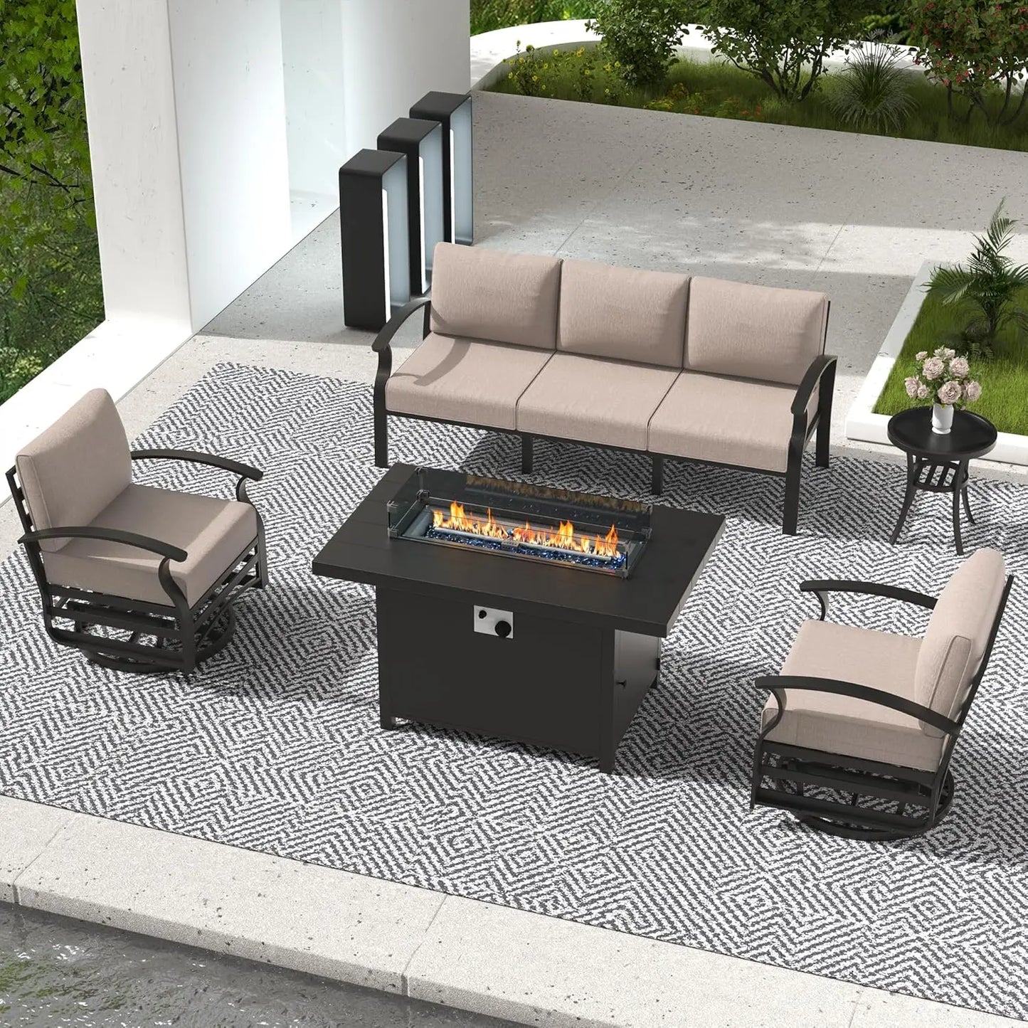 Ljustra Aluminum Patio Furniture Set Fire Pit Table Swivel Chairs Sofa