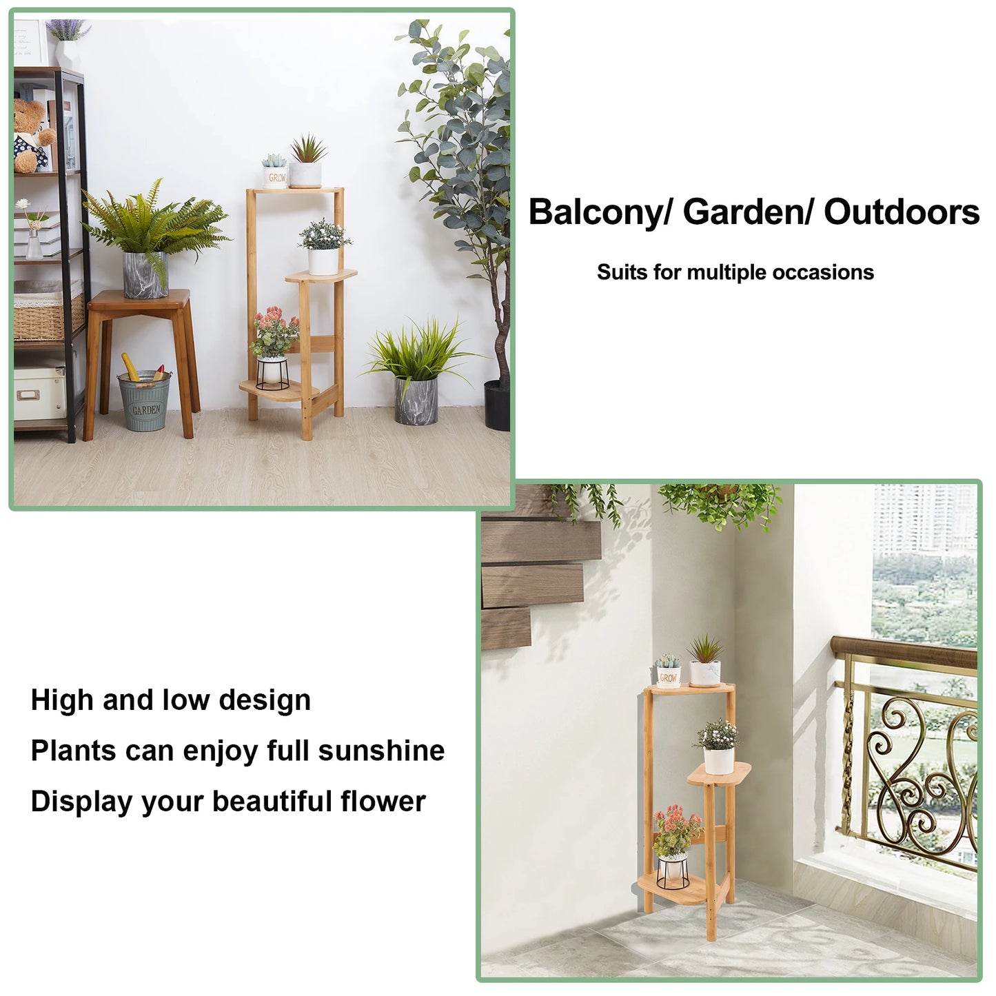 3 Tier Bamboo Tall Corner Plant Rack Planter Stand for Balcony Garden