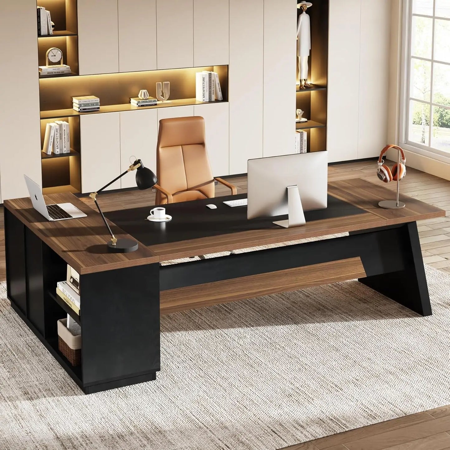 Modern L-Shaped Executive Desk with Drawers and File Cabinet Office