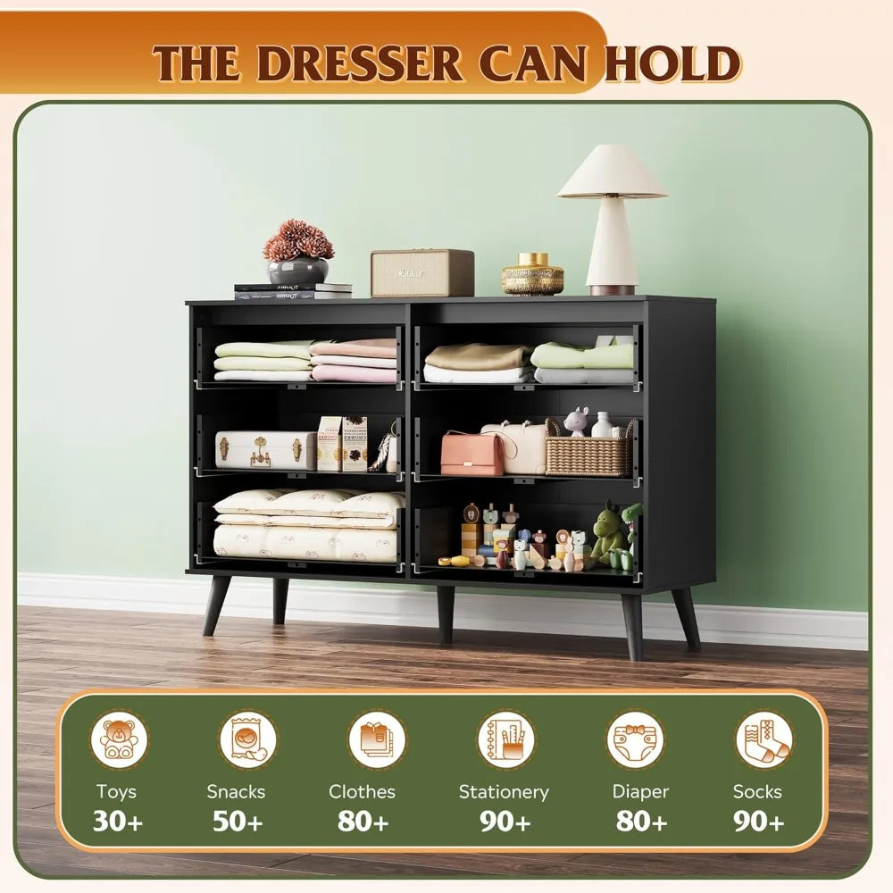 Black Dresser 6 Drawer Modern Storage Organizer TV Stand 55 Inch