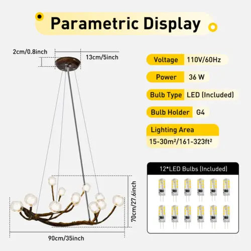Vintage Rustic Tree Branch Glass Ball Chandelier Nordic Hanging Lamp