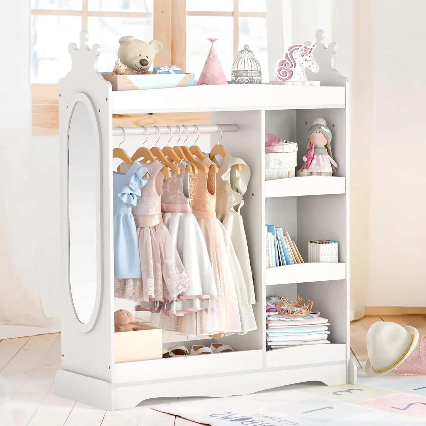 Kids Wardrobe with Mirror and Hooks Large Storage Closet Organizer