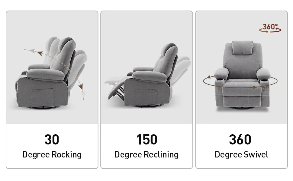 Swivel Rocker Recliner Chair with Heat Massage 360 Degree Swivel USB