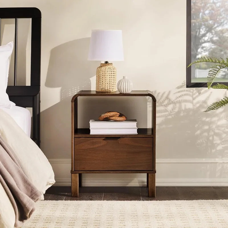 Ljustra Modern Curved-Top Solid Wood Nightstand 1-Drawer Open Cubby