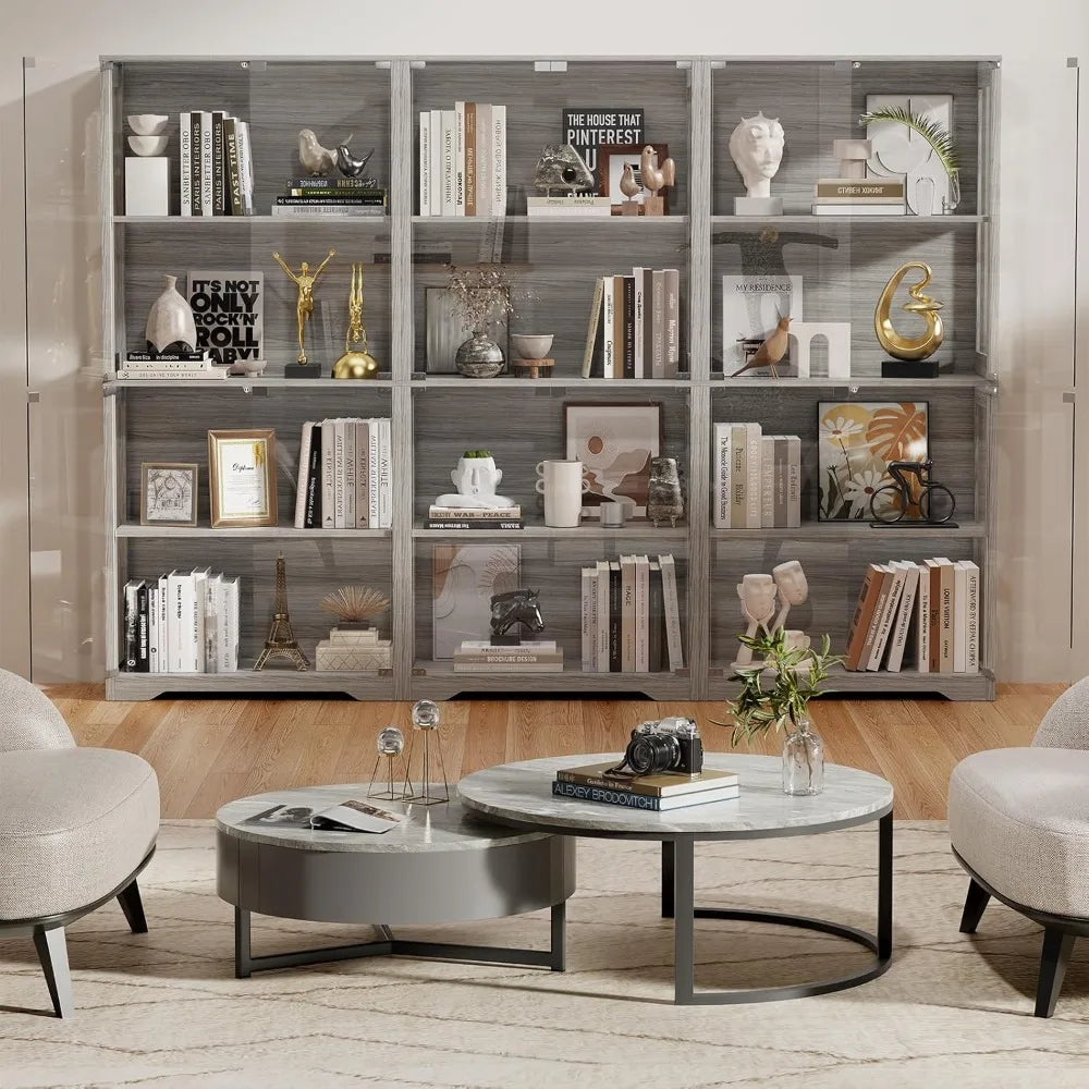 Display Cabinet Curio Case with 4-Tier Glass Doors and LED Lights