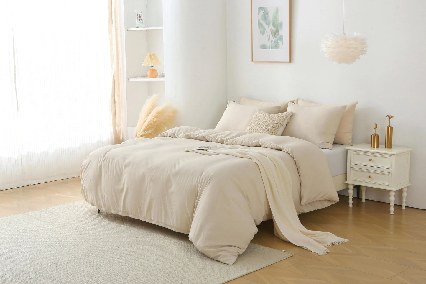 3 Piece Queen Duvet Cover Set Solid Beige 100 Cotton Pillow Shams