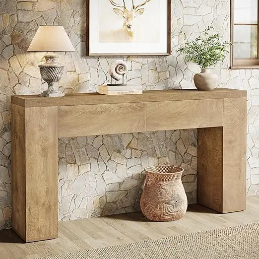63 Inch Wooden Console Table with Hidden Drawers Rustic Farmhouse Style