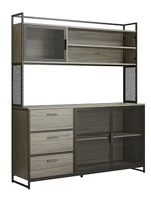 Large Kitchen Hutch Storage Cabinet with Metal Frame and Mesh Doors