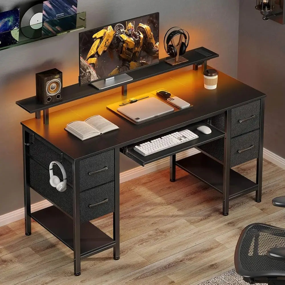 Computer Desk with LED Lights and Power Outlets for Home Office