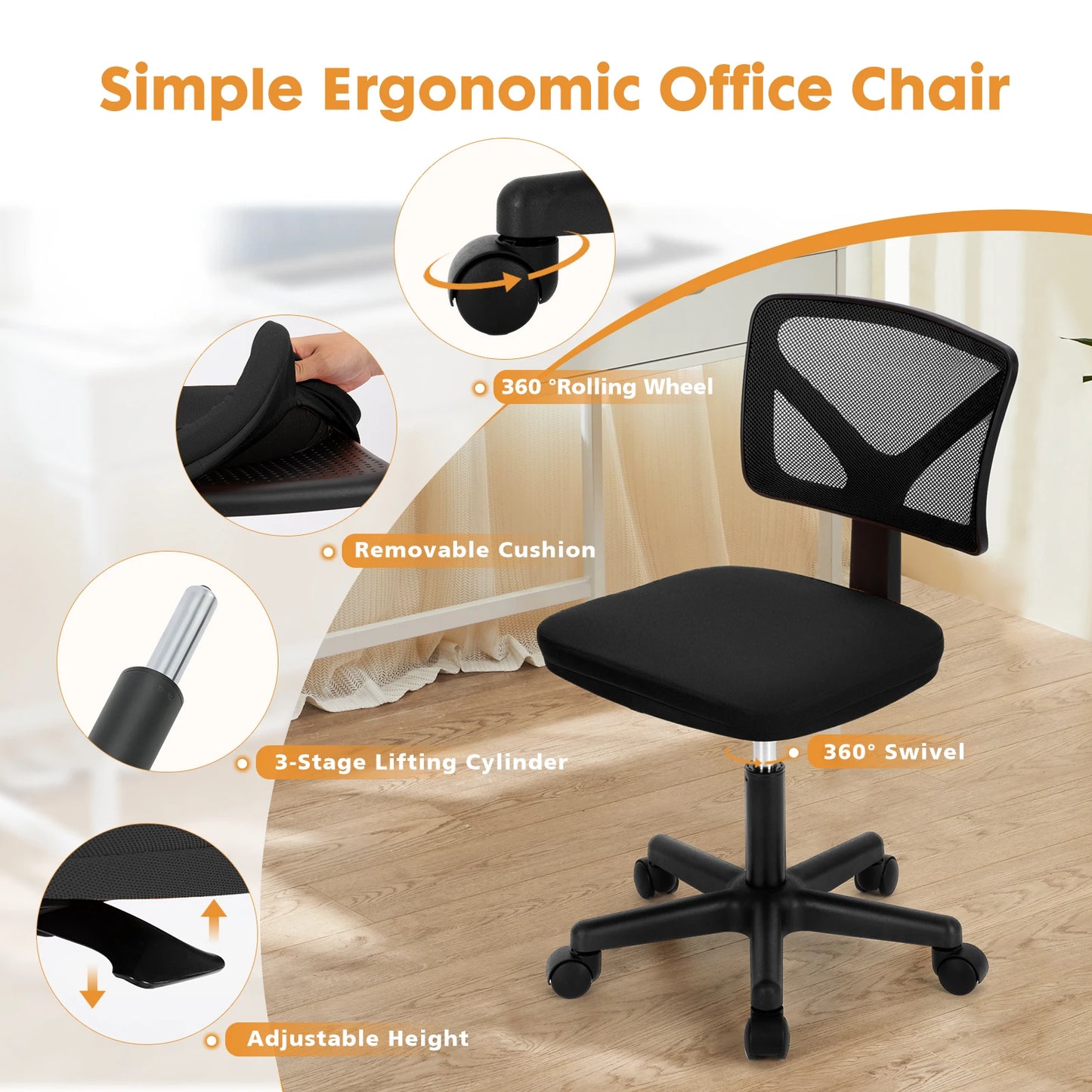 Ljustra Armless Office Chair with Lumbar Support Adjustable Height 360° Swivel