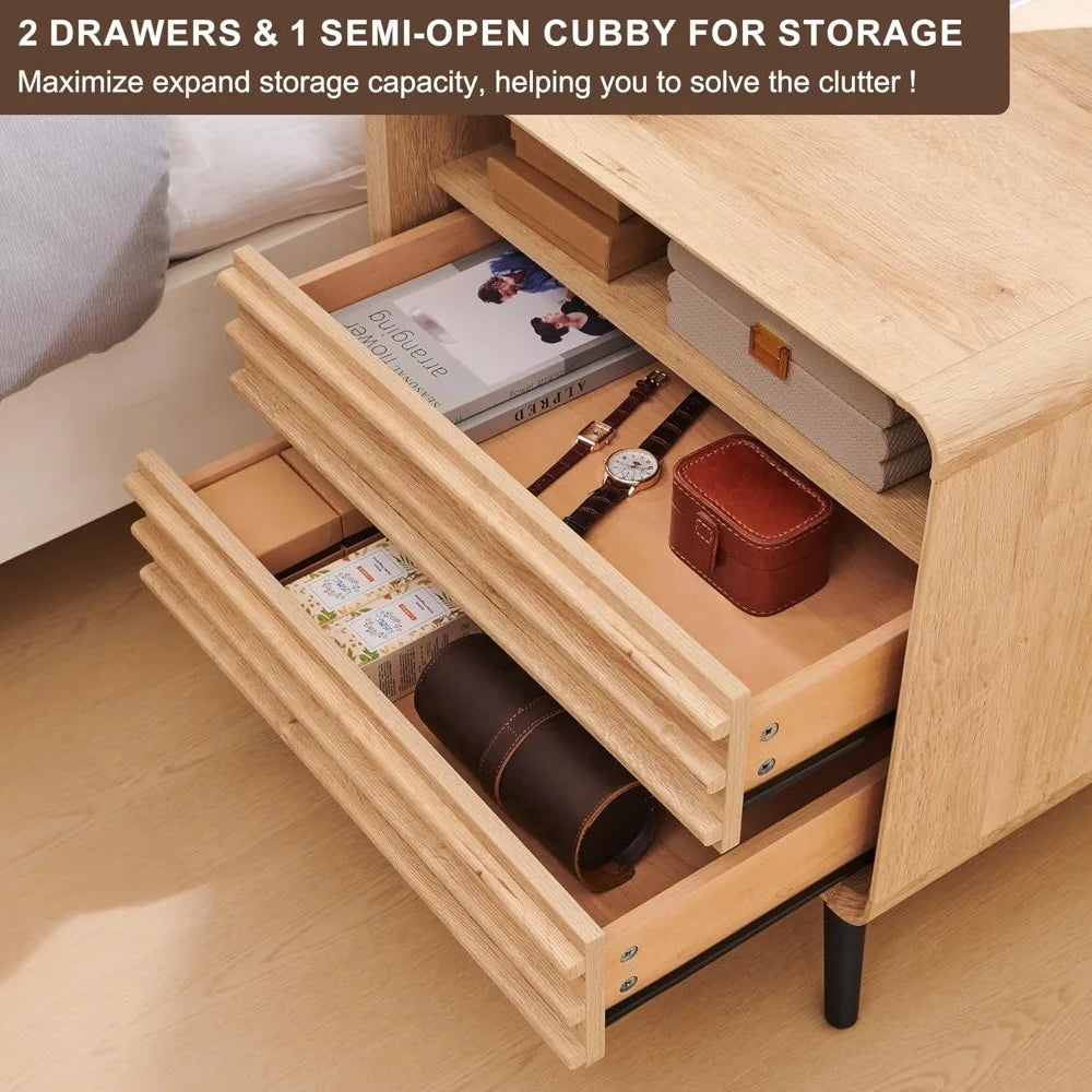 24 Inch Nightstand with Charger Mid Century Modern Fluted Side Table