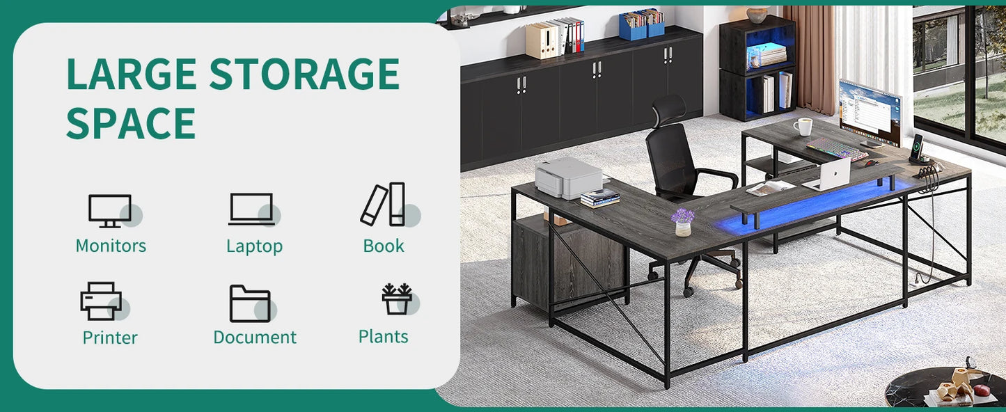 U Shaped Desk with Power Outlets LED Lights Reversible L Shaped Desk