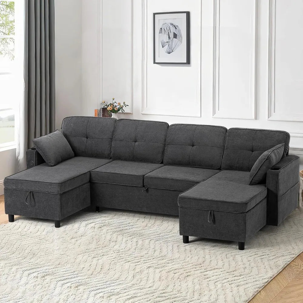 Ljustra Modern Chenille Sectional Sofa, U-Shaped, Pull Out Bed, Adjustable Back, Storage Chaises