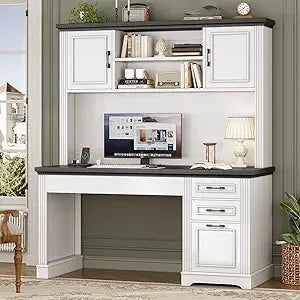 Farmhouse Computer Desk with Hutch 3 Drawers Power Outlet 47.2 Inch