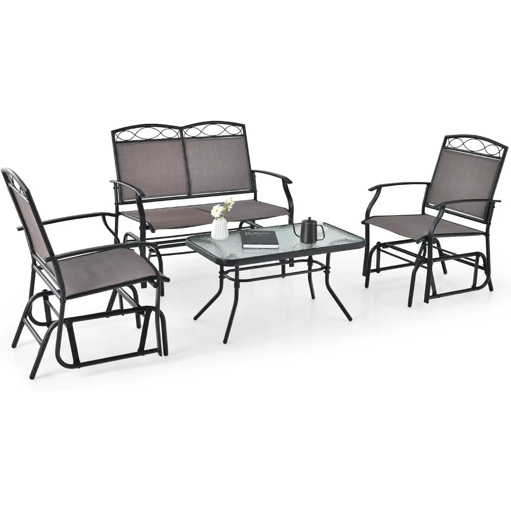 4 Piece Outdoor Glider Chair Set Patio Furniture with Glass Table