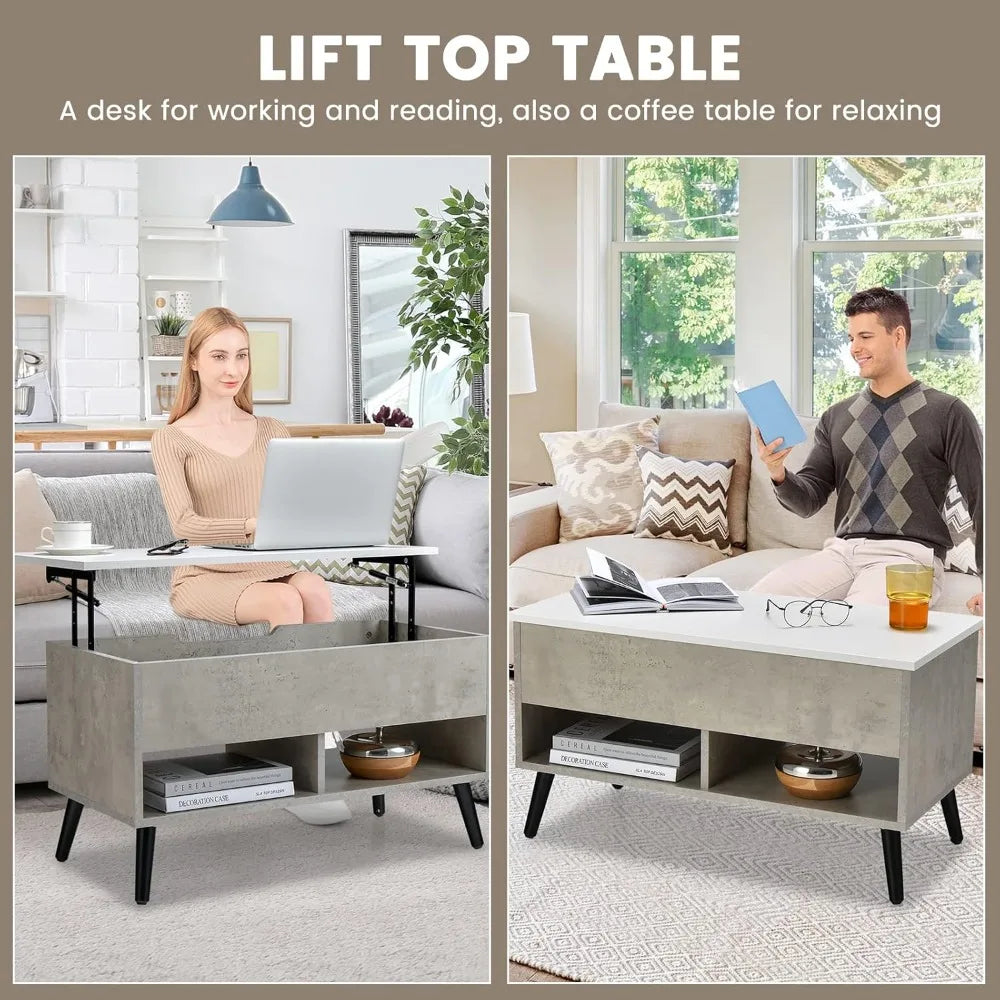 Modern Lift Top Coffee Table with Hidden Compartment and Open Shelves