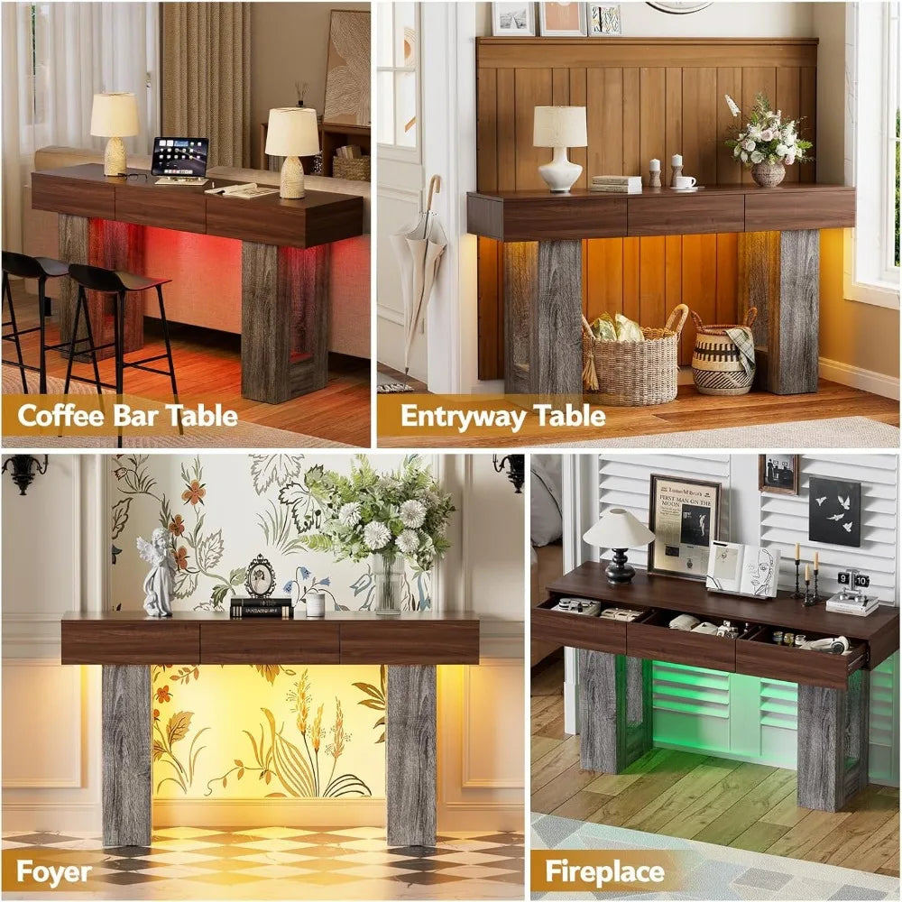 63-Inch Console Table with LED Lights and 3 Drawers for Entryway Living Room
