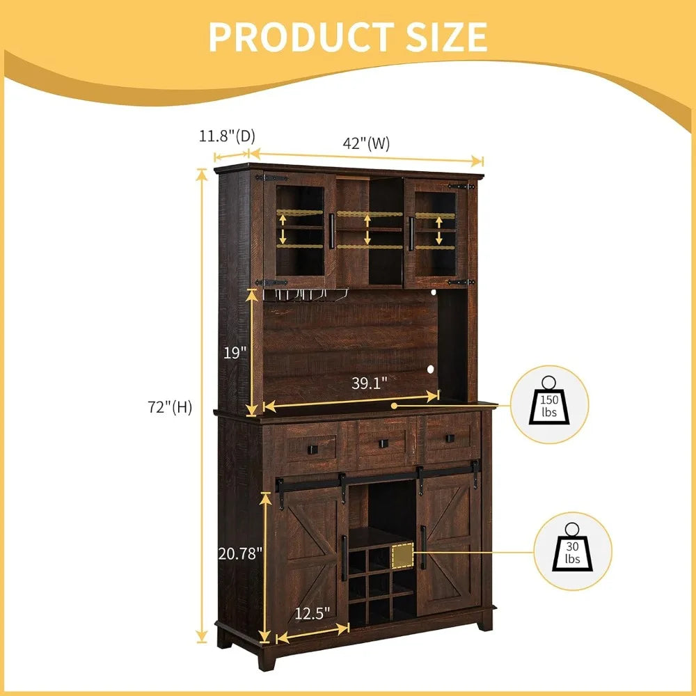72 Inch Coffee Bar Wine Cabinet with Sliding Barn Door LED Lights