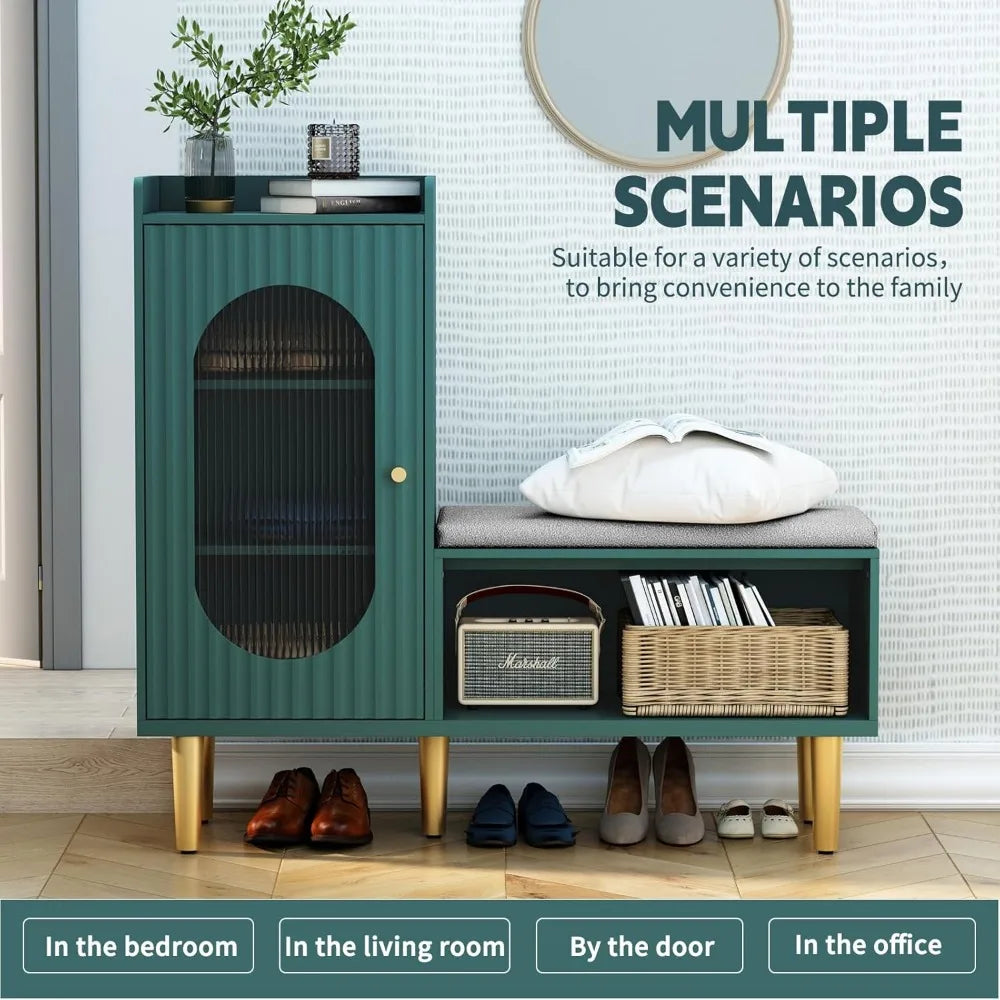 Modern Entryway Storage Bench with Glass Door and Padded Seat