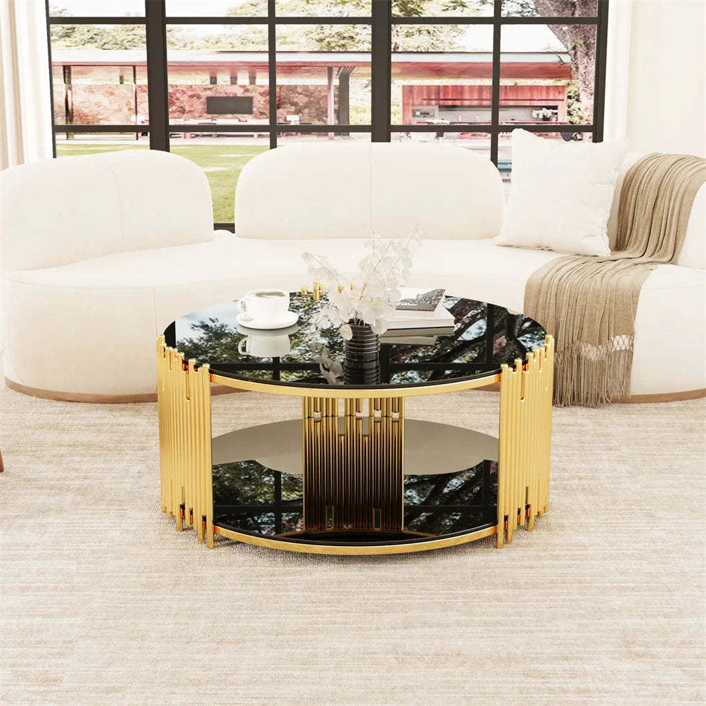 Modern Minimalist Stainless Steel Circular Coffee Table Black Glass