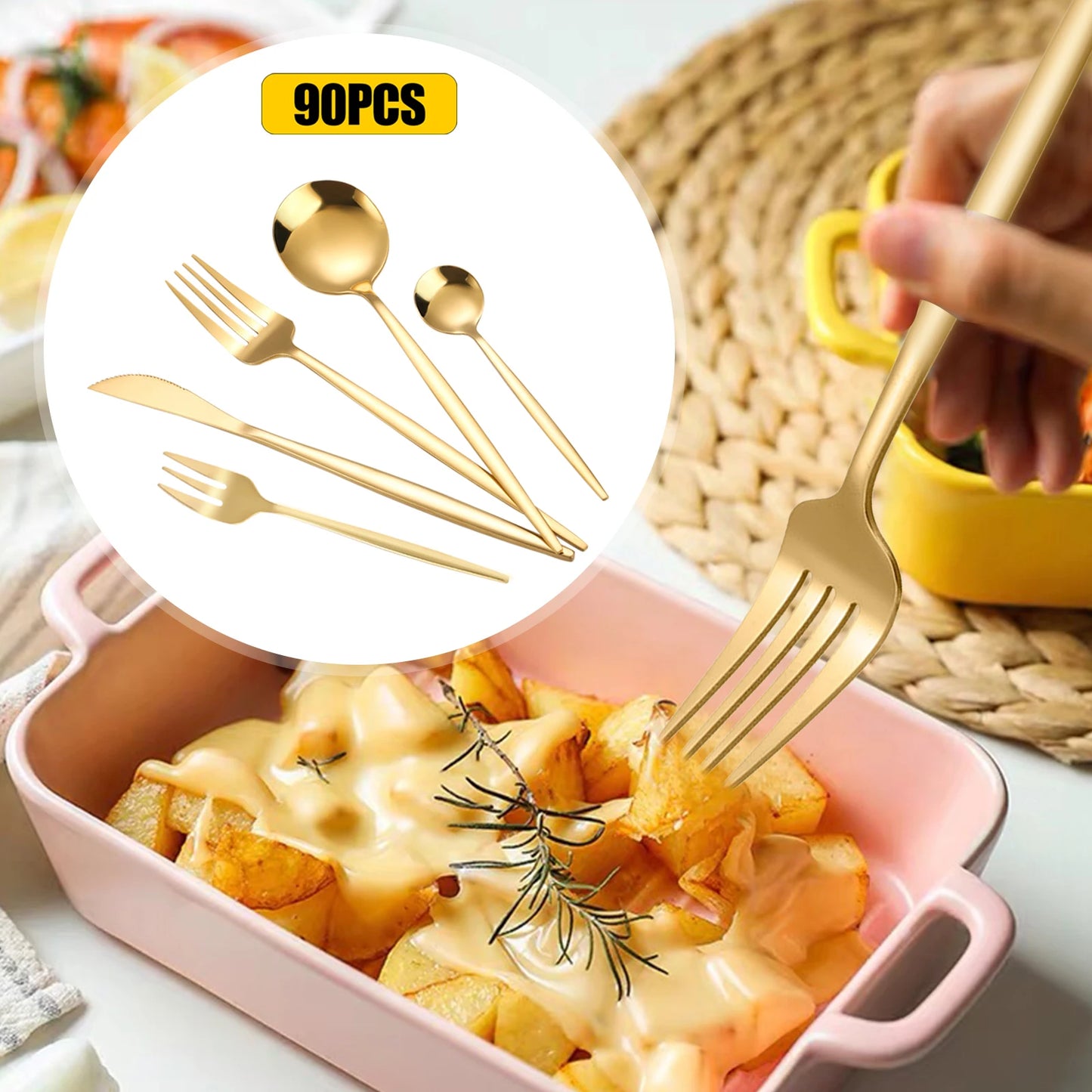 90Pcs Gold Stainless Steel Cutlery Set Heavy Duty Tableware Wedding Restaurant