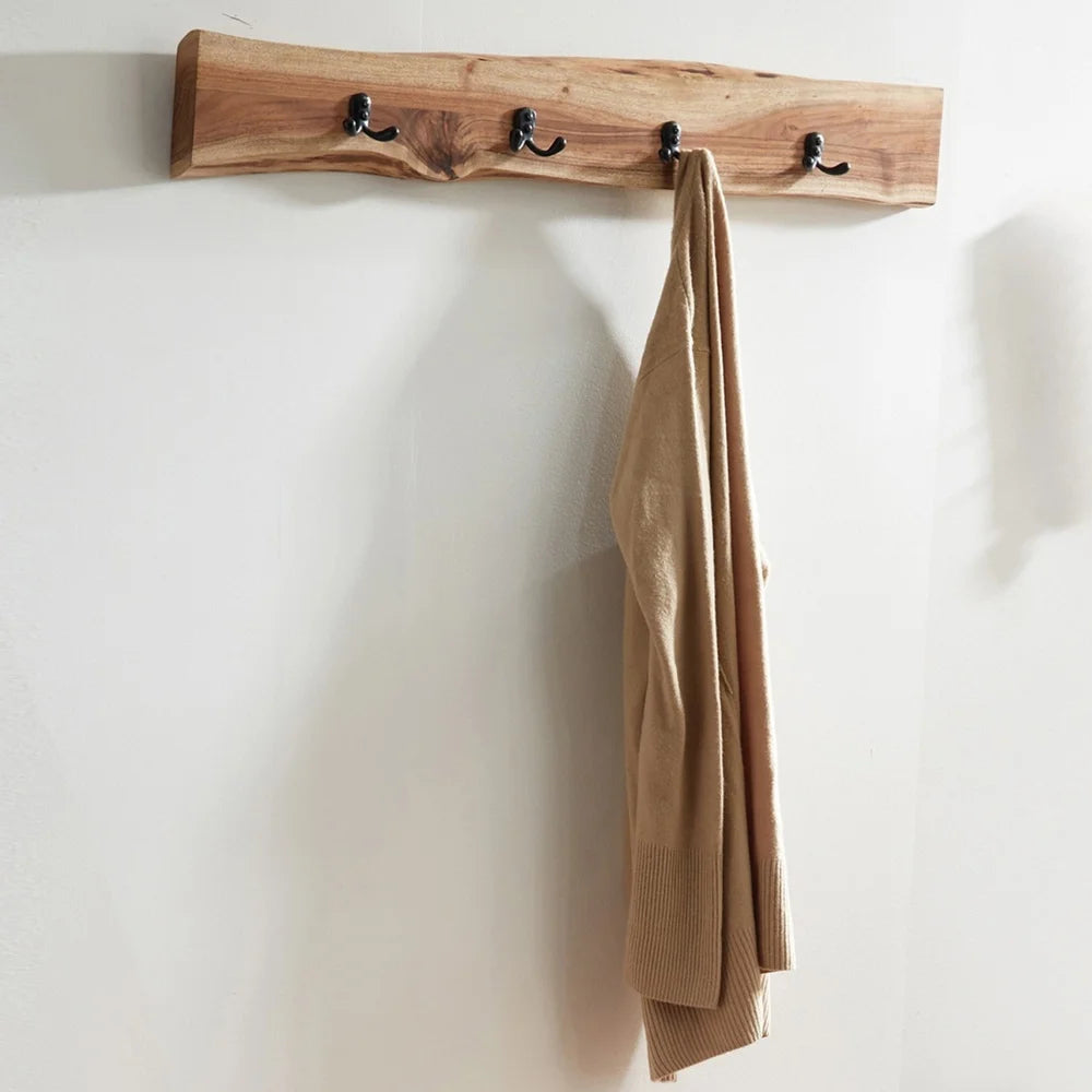 Natural Live Edge Acacia Wood Coat Hooks Unique Design Flush Mount