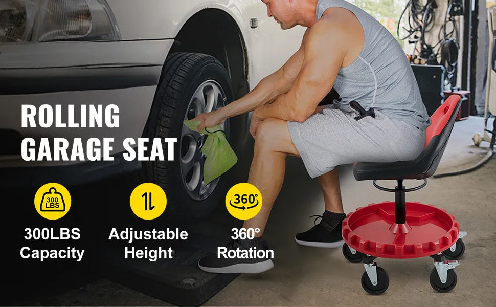 Ljustra Rolling Garage Stool 300 LBS Adjustable Height with Tool Tray