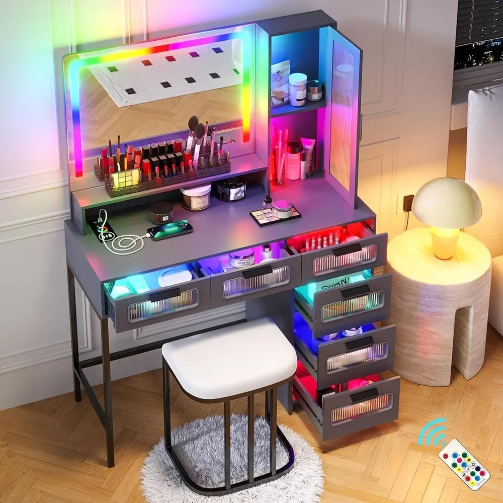 New Trend RGB Vanity Desk with Mirror LED Lights USB Wireless Charger