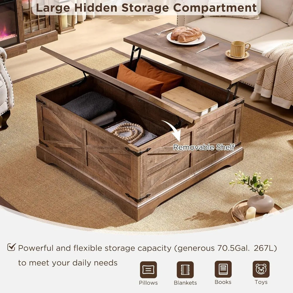 Farmhouse Lift Top Coffee Table with Hidden Storage Rustic Design
