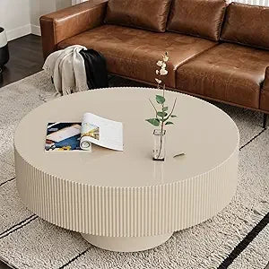 Round Fluted Coffee Table Modern Handcrafted Drum Table Low Profile