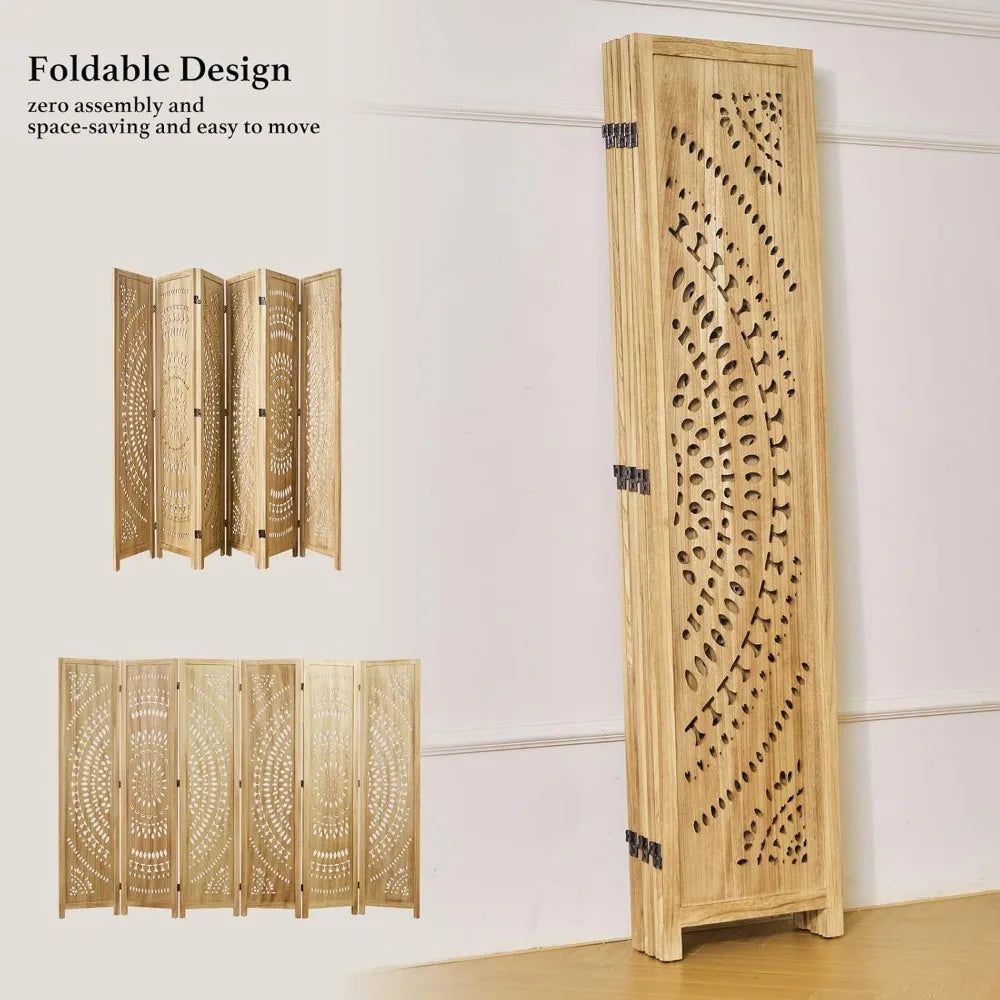 66.9Inch Folding Room Divider 6 Panel Wood Carved Privacy Screen Partition