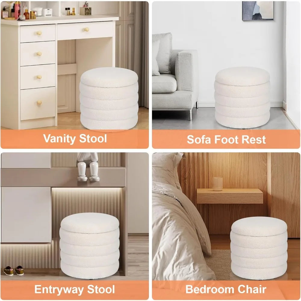 Modern Round Storage Ottoman Foot Rest Upholstered Vanity Stool