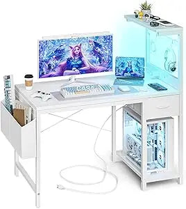 Gaming Desk 47 Inch with Power Outlet LED Light and Storage Drawer