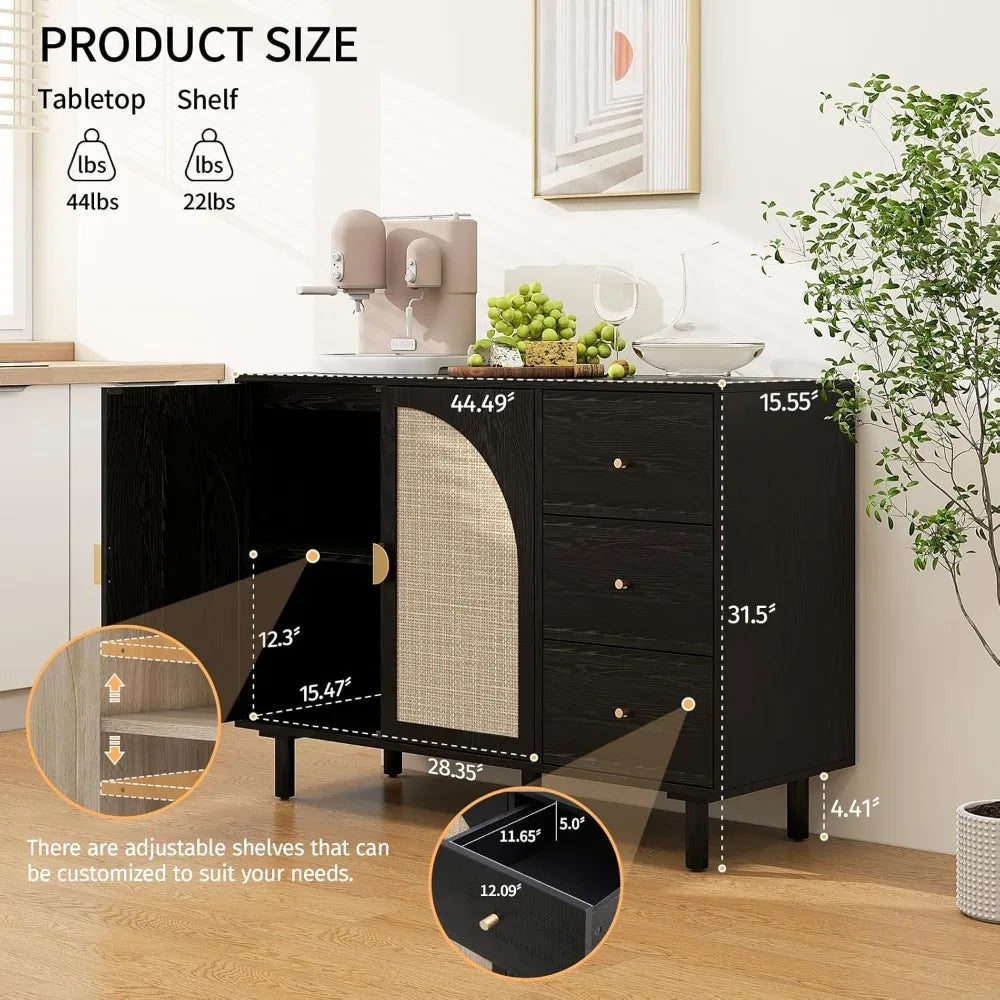 Sideboard Buffet Cabinet Storage Rattan 2 Door 3 Drawer Modern Dresser