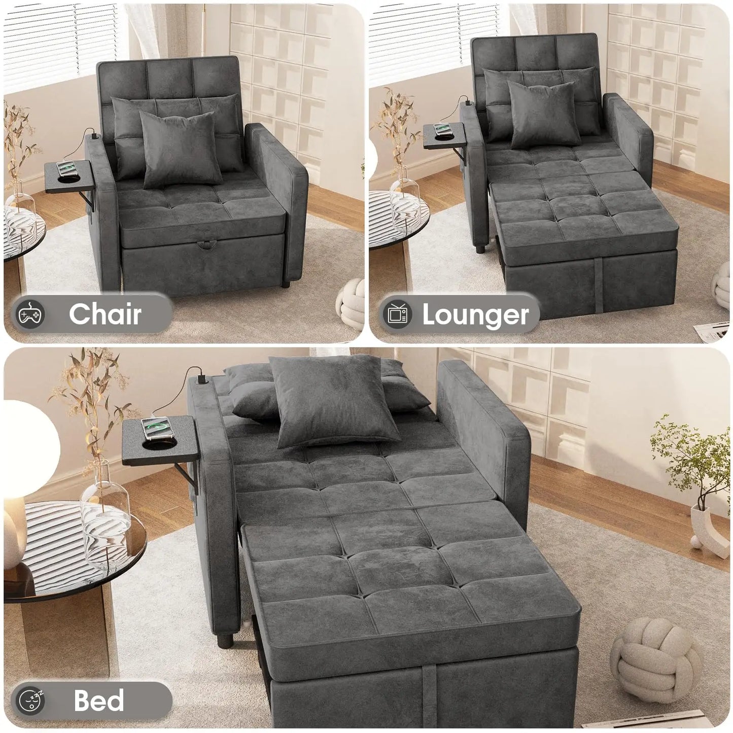 Ljustra Velvet Chaise Lounge Chair with USB Ports 3-in-1 Sofa Bed