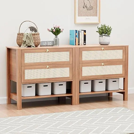 Rattan Nightstands Set of 2 Mid Century Modern Night Stand with Drawers