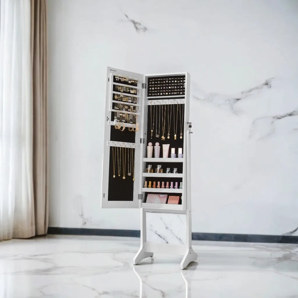 Lockable Jewelry Cabinet Full-Length Mirror 360° Rotatable Storage