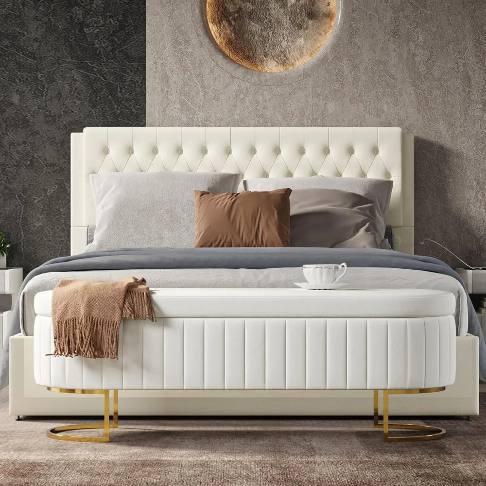 55.5 Inch Velvet Storage Ottoman Bench with Gold Legs Modern Design