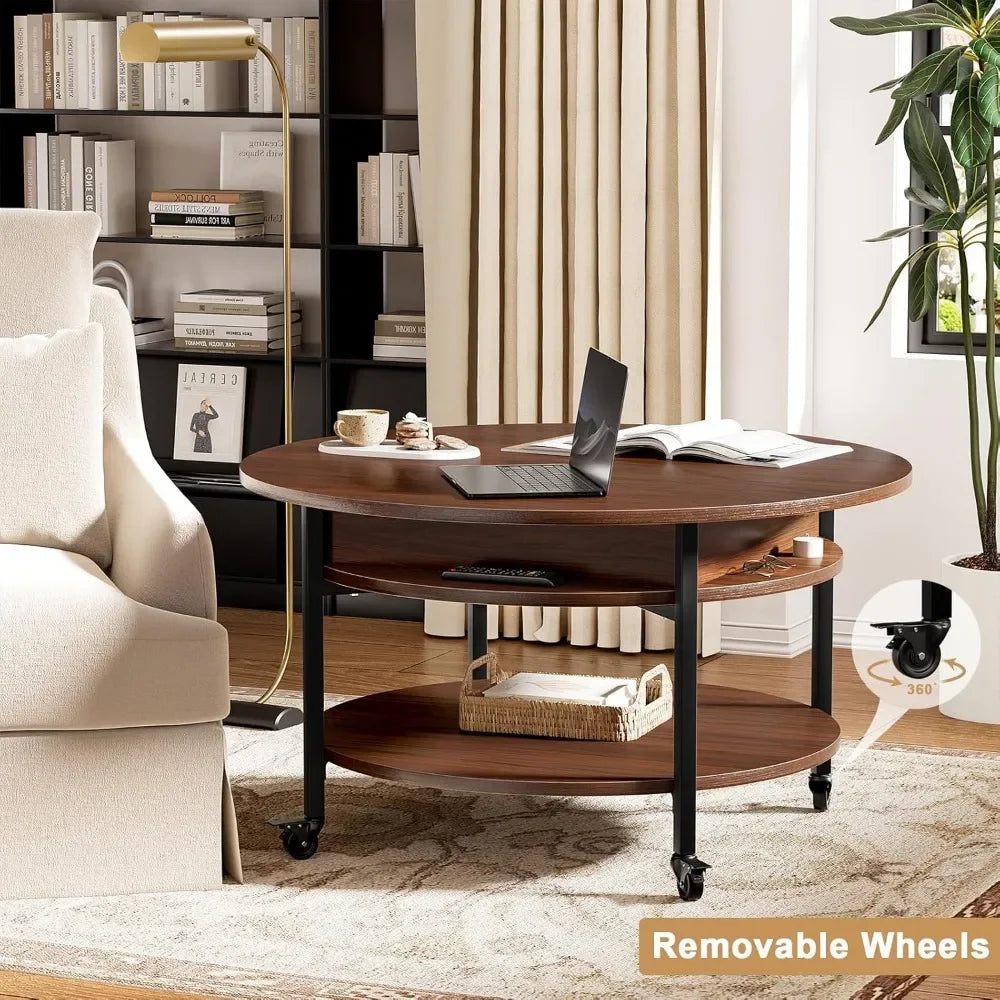 Round Lift Top Coffee Table with Wheels Storage Compartment 26.77in