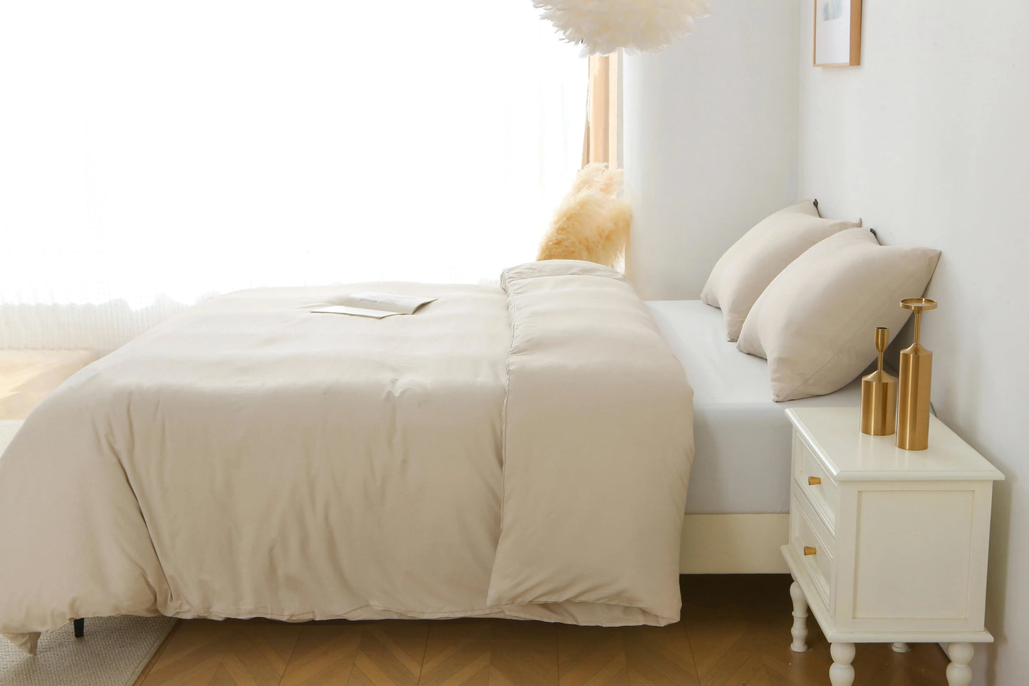 3 Piece Queen Duvet Cover Set Solid Beige 100 Cotton Pillow Shams