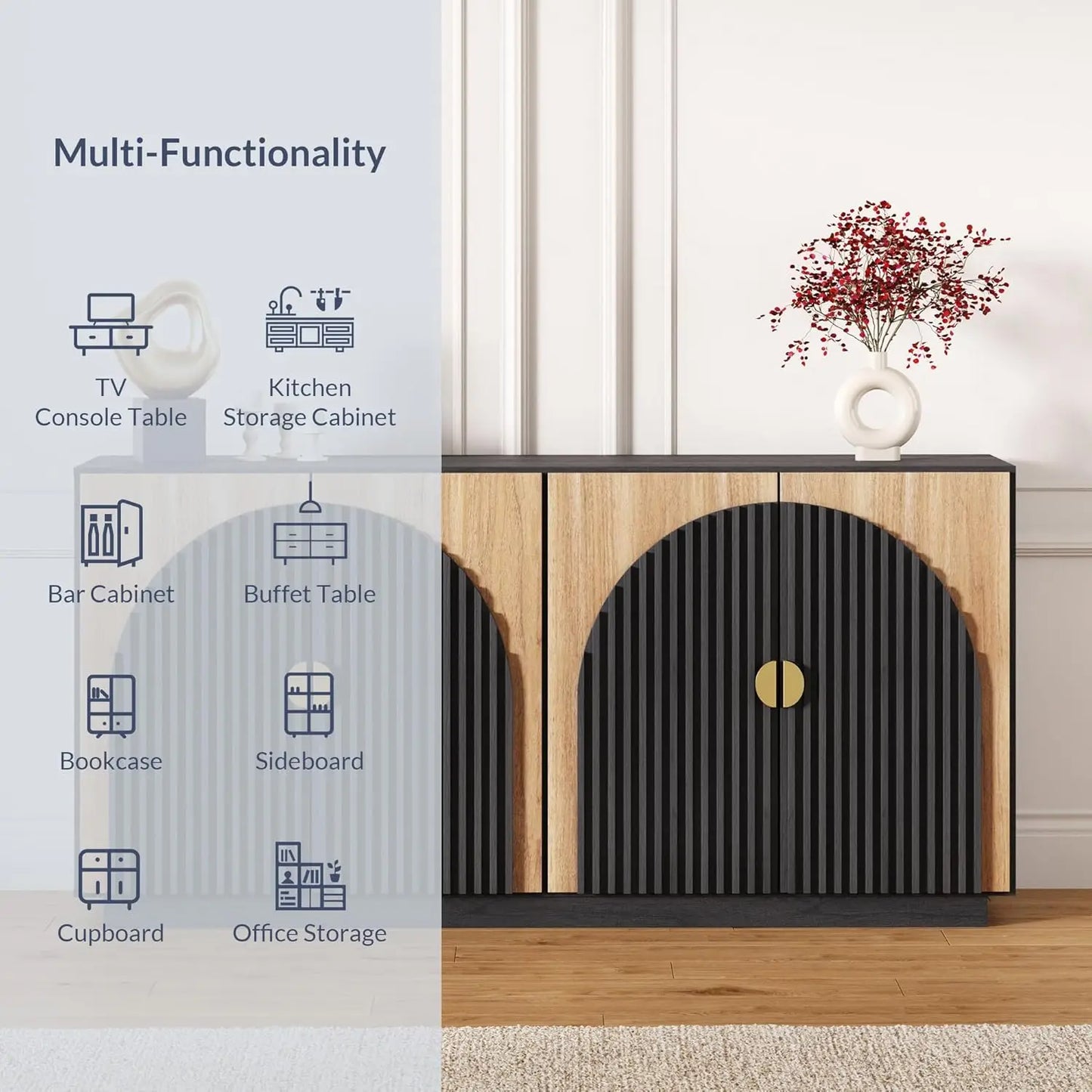 65 Inch Fluted Buffet Cabinet Storage Sideboard Console Table Dining Room