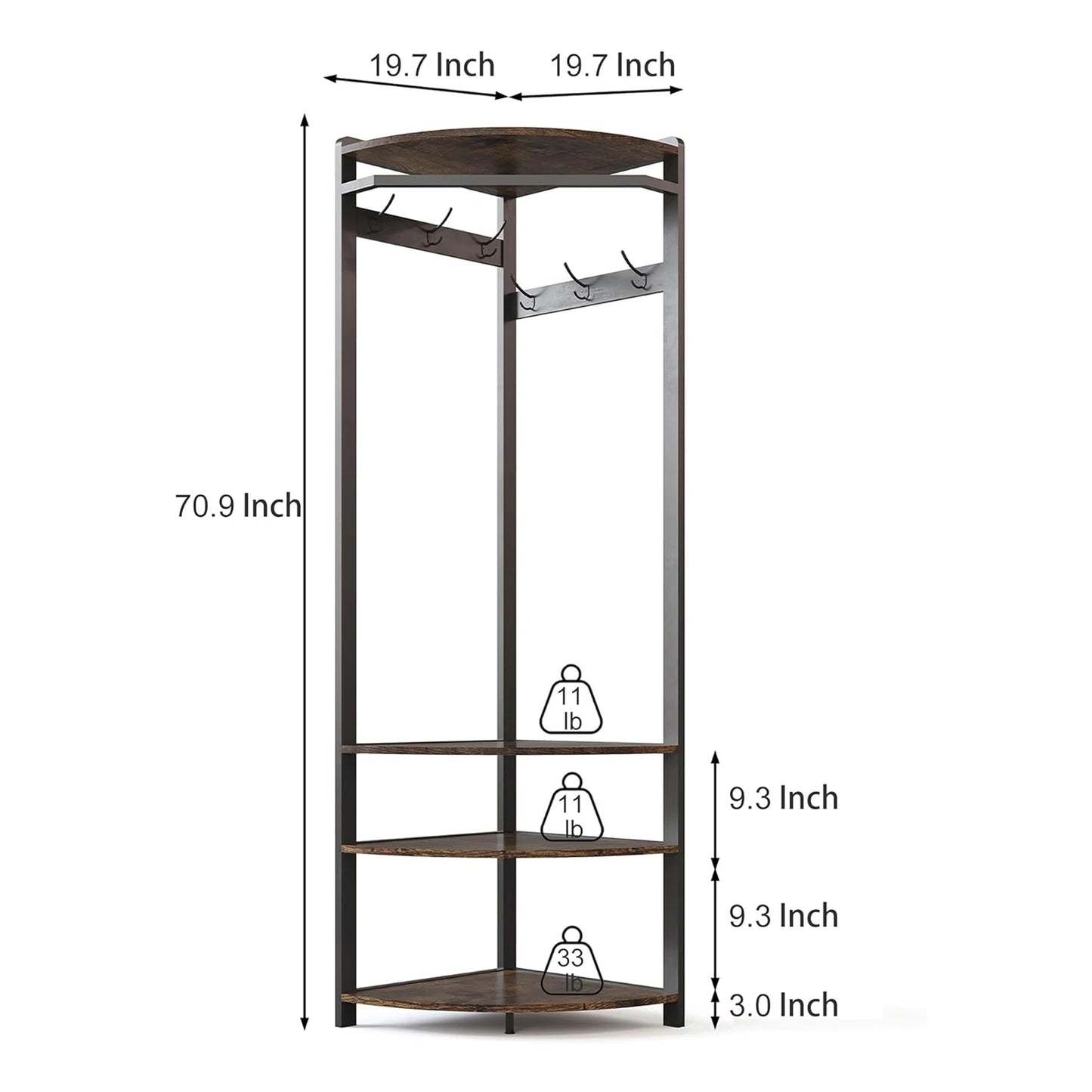 Ljustra Corner Coat Rack Stand Freestanding Hall Tree with 6 Hooks 3 Shelves