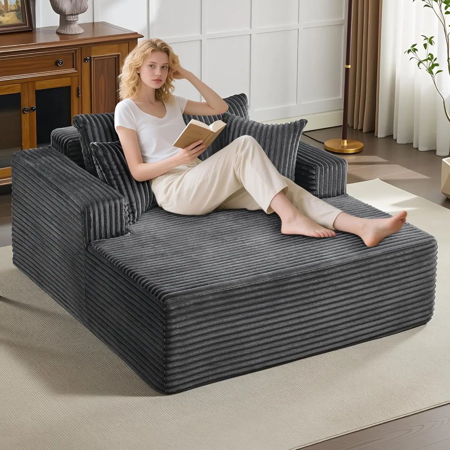 61 Inch Oversized Chaise Lounge Chair Indoor Sofa Bed with Pillows