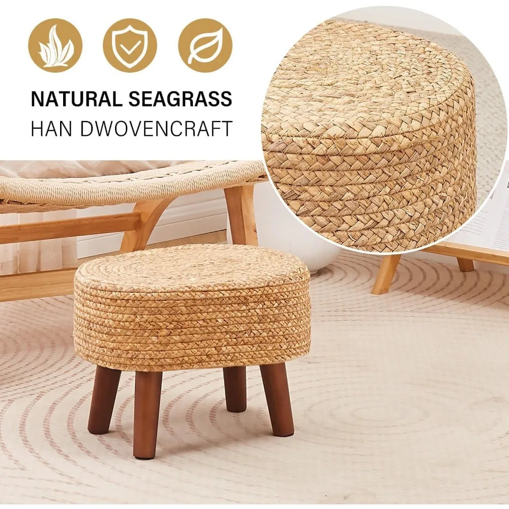 Round Seagrass Ottoman Eco-Friendly Footstool Hand Woven Pouf