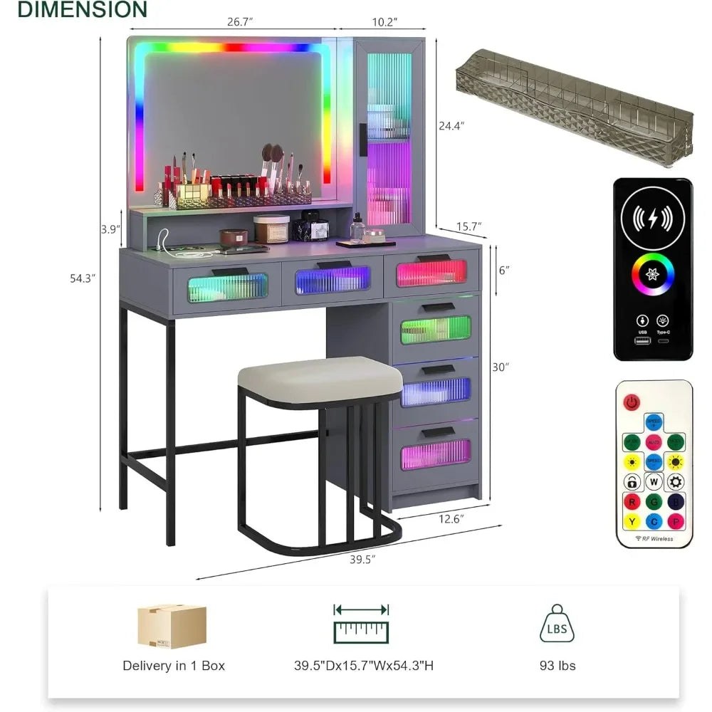 New Trend RGB Vanity Desk with Mirror LED Lights USB Wireless Charger